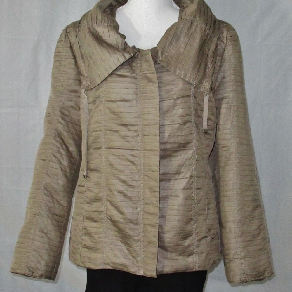 Chico's Women's Mocha Jacket Rouched & Pleated Zip Front Lined Puffed Neck Sz 2